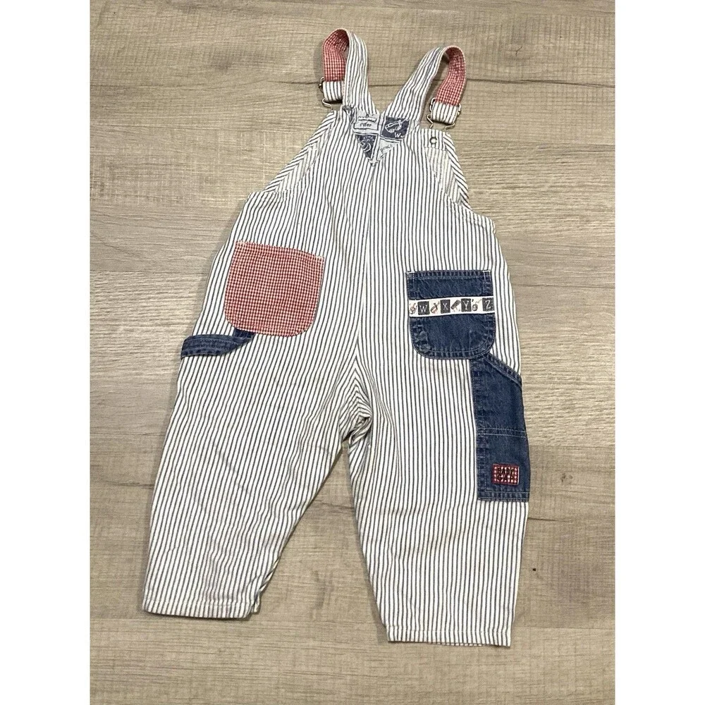 Vintage 90 Baby Gap Boys Stripe Denim Overalls & Shirt XL 18-24 Months Snaps